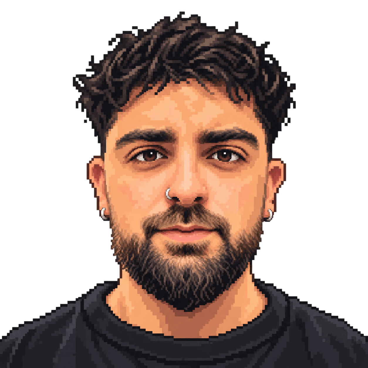 Retrato pixel art de José Luis, con pelo oscuro, barba y pendientes
